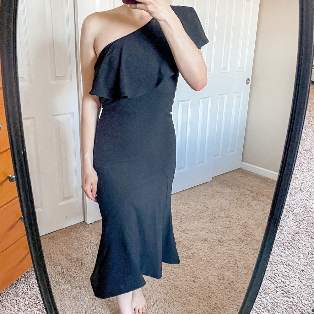 Dress The Population Raquel One Shoulder Ruffle Mermaid Midi Dress Black S